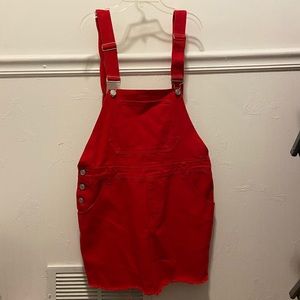 red denim overall pinafore dress